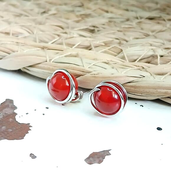 Carnelian Agate Crystal Stud Earrings, Gemstone Jewelry, 8mm - Picture 1 of 3